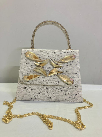 Crystal Butterfly Crackle Finish Handbag | Party Bag with Gold Chain Strap Abeeras Fashion