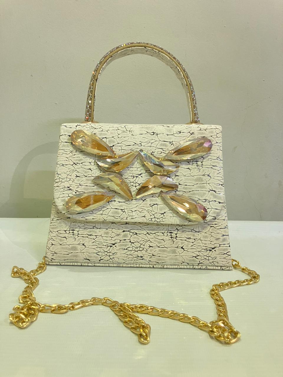 Crystal Butterfly Crackle Finish Handbag | Party Bag with Gold Chain Strap Abeeras Fashion