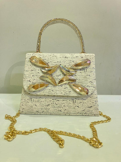 Crystal Butterfly Crackle Finish Handbag | Party Bag with Gold Chain Strap Abeeras Fashion