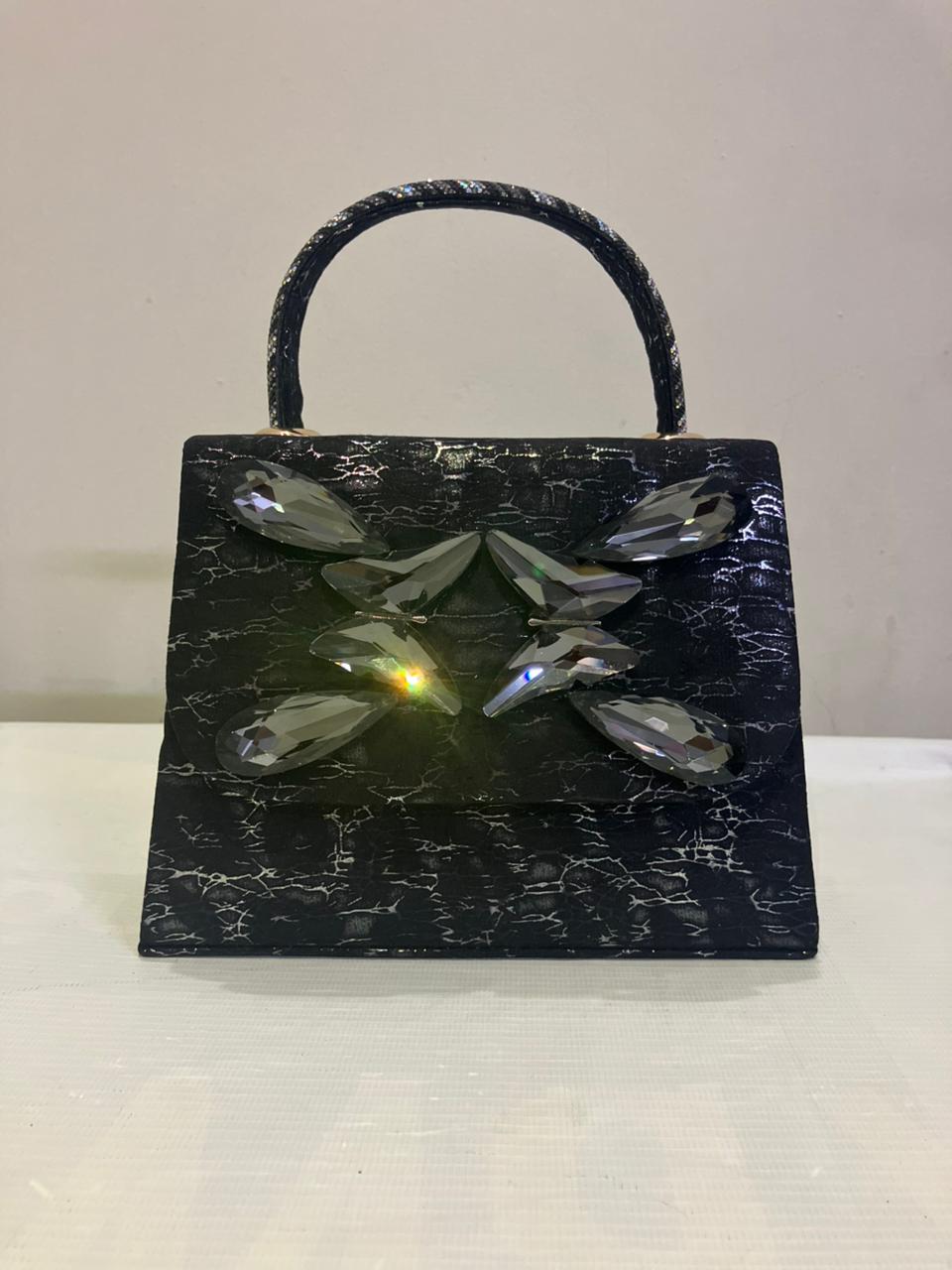 Crystal Butterfly Crackle Finish Handbag | Party Bag with Gold Chain Strap Abeeras Fashion