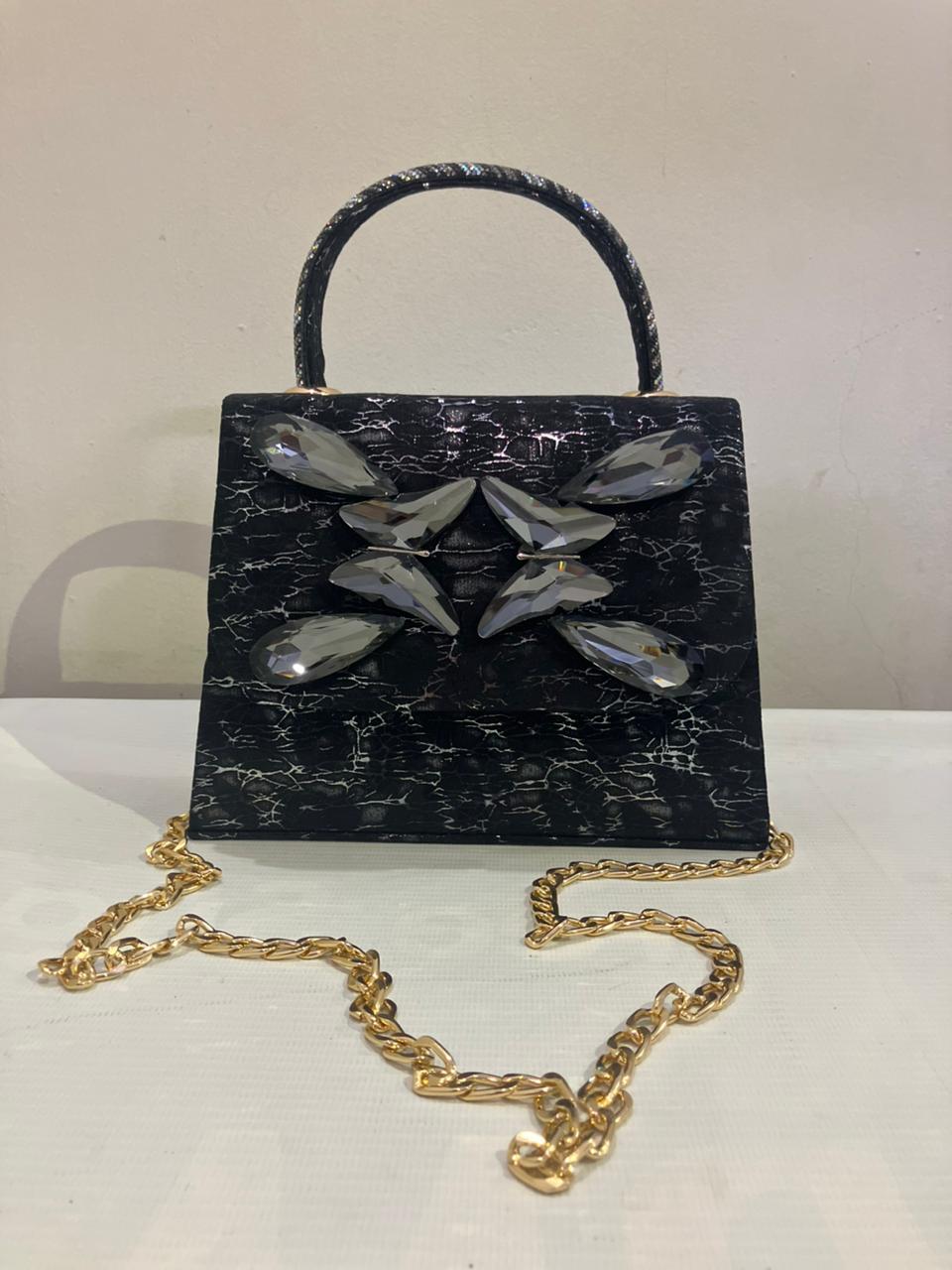 Crystal Butterfly Crackle Finish Handbag | Party Bag with Gold Chain Strap Abeeras Fashion